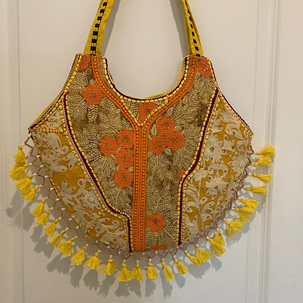Embroidered Yellow & Orange Tassel Women's Tote Bag